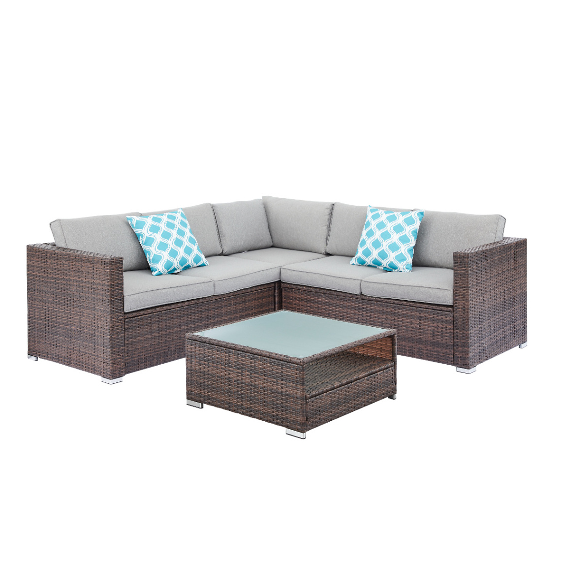 4 Piece Outdoor Furniture Set All-Weather Wicker Sectional Sofa  Thick Cushions, Glass Coffee Table, 2 Teal Pattern Pillows