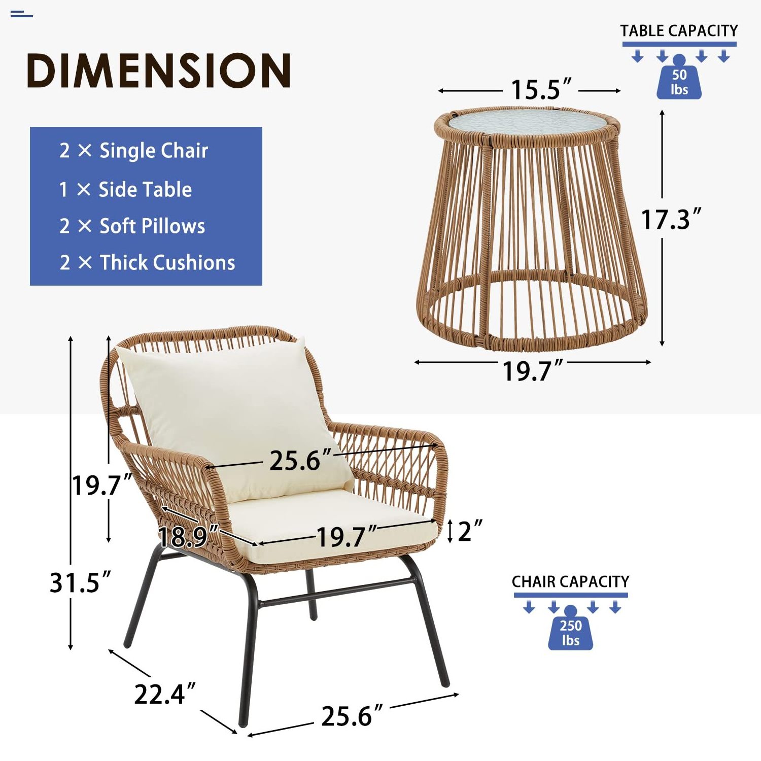 Modern 3-Piece Patio Conversation Bistro Set Outdoor Wicker Furniture with Tempered Glass and Seat Cushions for Porch Backyard