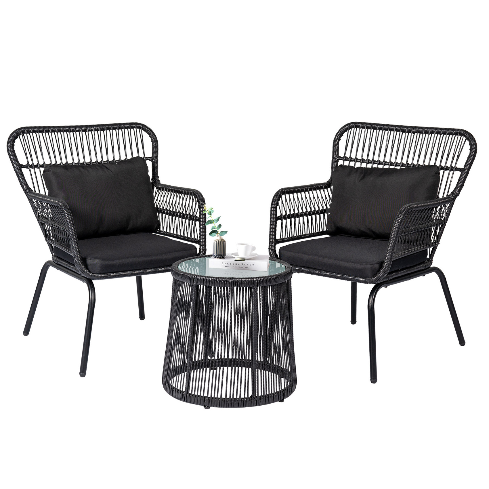 Modern Patio 3 Pieces  Sofa Set Hot Sale Outdoor Conversation Set  Wicker Furniture Set with Glass Top Table