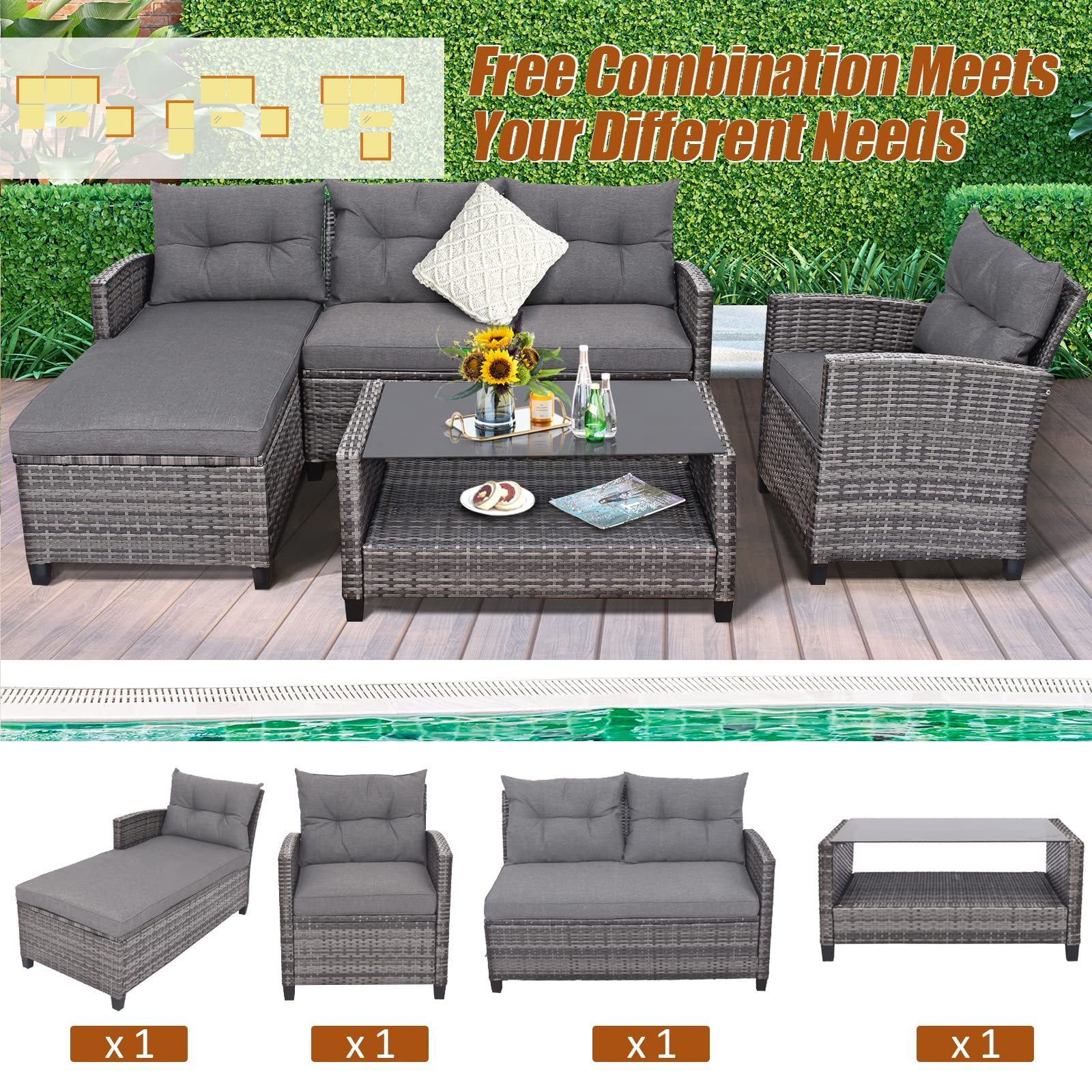 High Quality Garden Popular Outdoor Patio Coffee Table Balcony Rattan Furniture Grey Sofa set