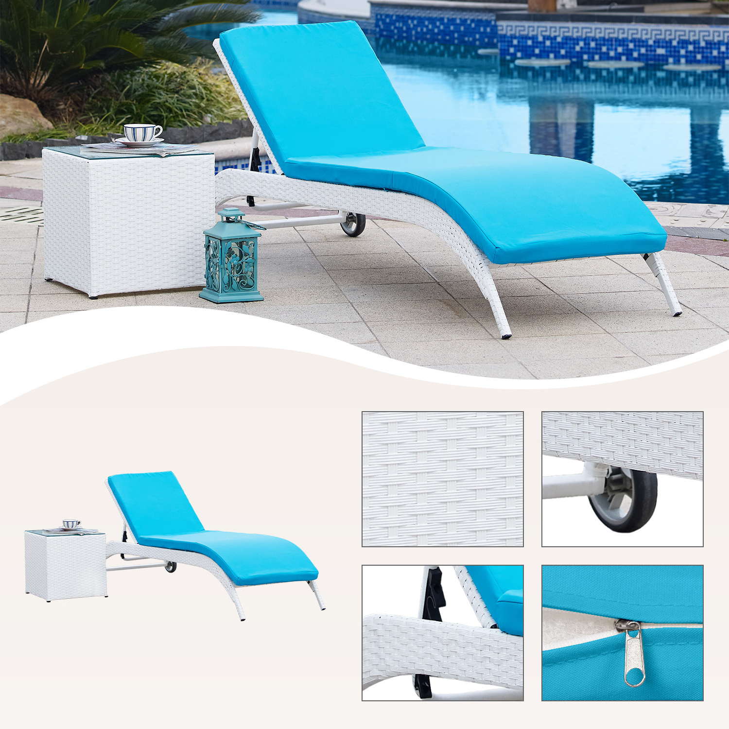 Patio Sun Lounger Chair Outdoor Rattan Wicker Poolside Chaise with Cushion Weatherproof Chair for Backyard Garden