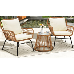 Modern 3-Piece Patio Conversation Bistro Set Outdoor Wicker Furniture with Tempered Glass and Seat Cushions for Porch Backyard