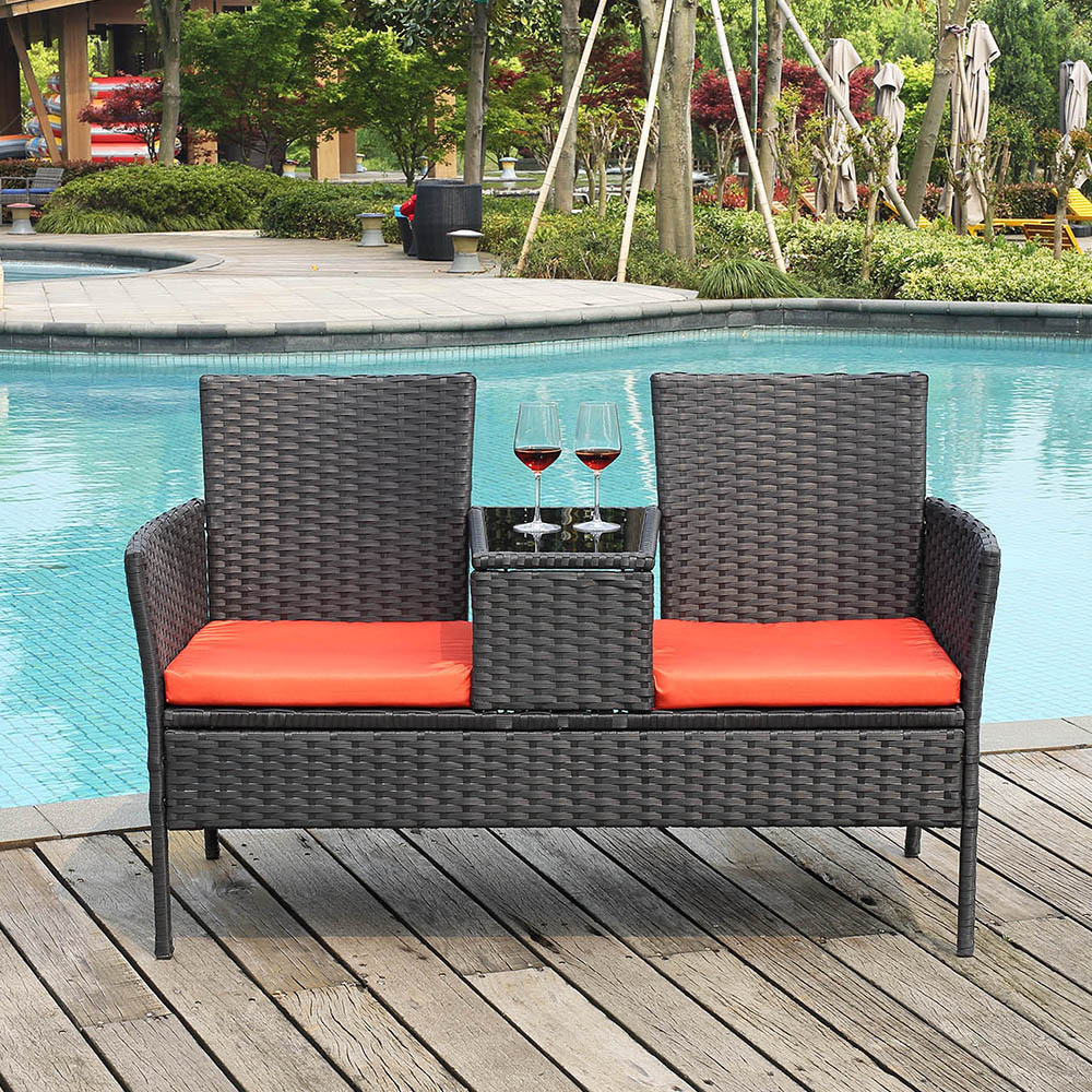 Wicker 2-Seat Patio Conversation Sets, Outdoor Rattan Loveseat with Table, Removable Cushion