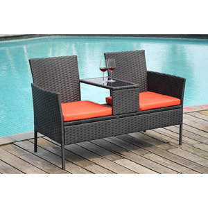 Wicker 2-Seat Patio Conversation Sets, Outdoor Rattan Loveseat with Table, Removable Cushion