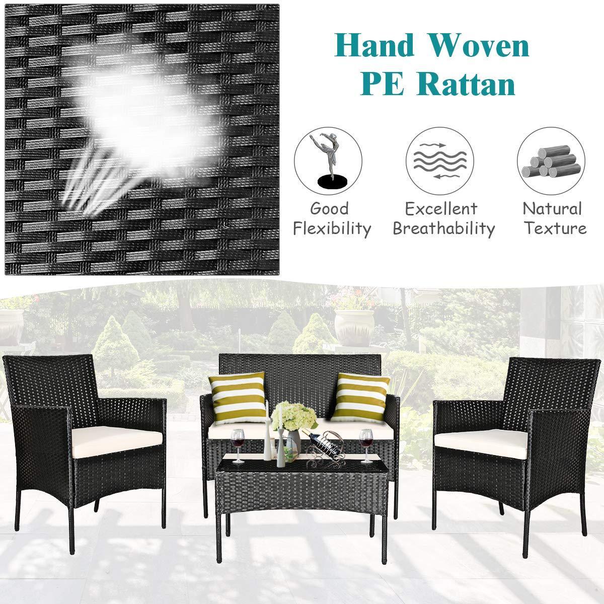 Modern 4 Pieces Outdoor Patio Furniture Set Rattan Wicker Chairs Patio Conversation Sets with Side Table and Washable Cushions