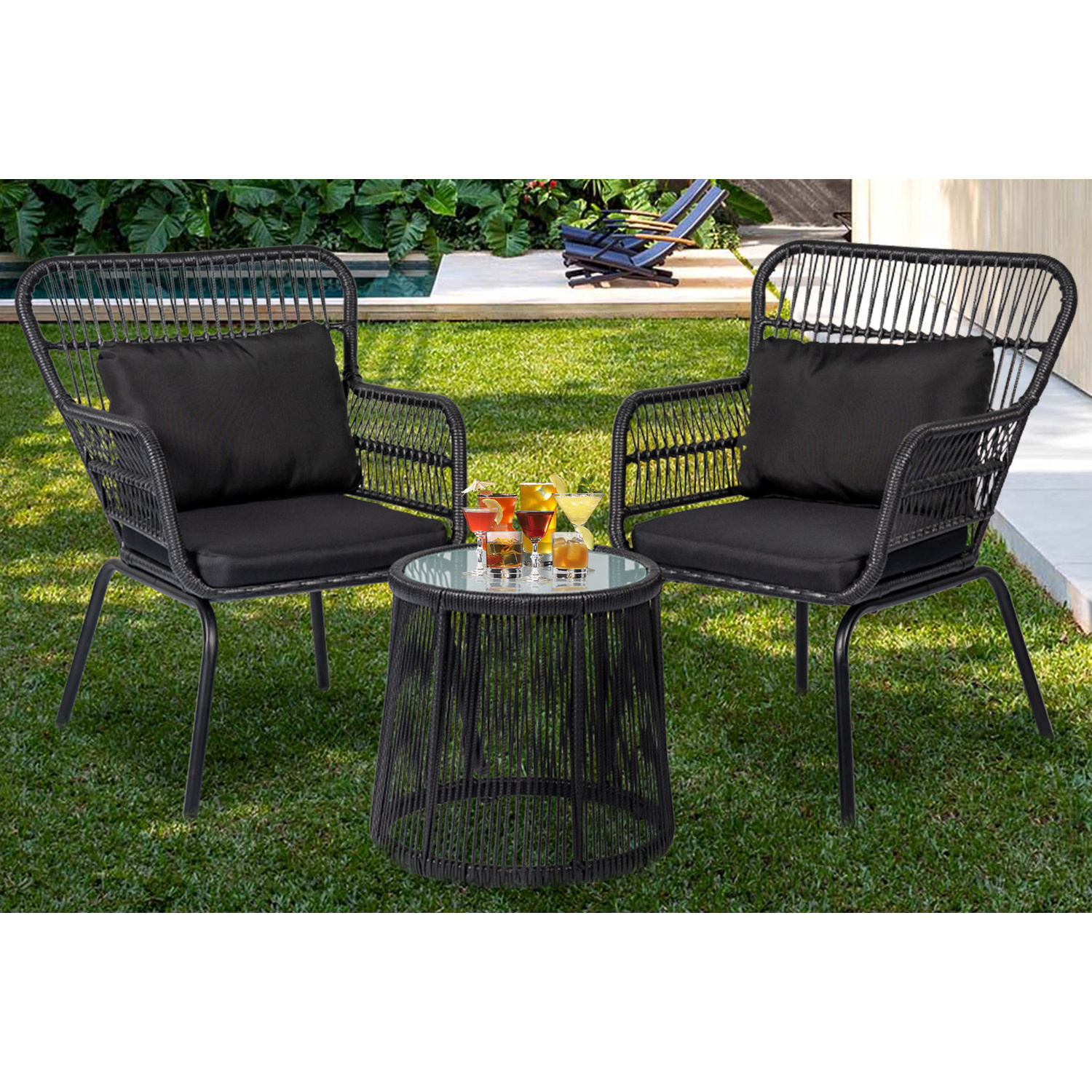 Modern Patio 3 Pieces  Sofa Set Hot Sale Outdoor Conversation Set  Wicker Furniture Set with Glass Top Table