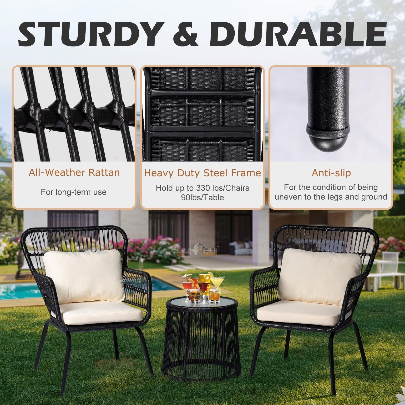 Outdoor Bistro Patio Wicker Furniture Bistro Set Rattan Chairs Conversation Sets Modern 2 Seat Wicker Chat Set with Table