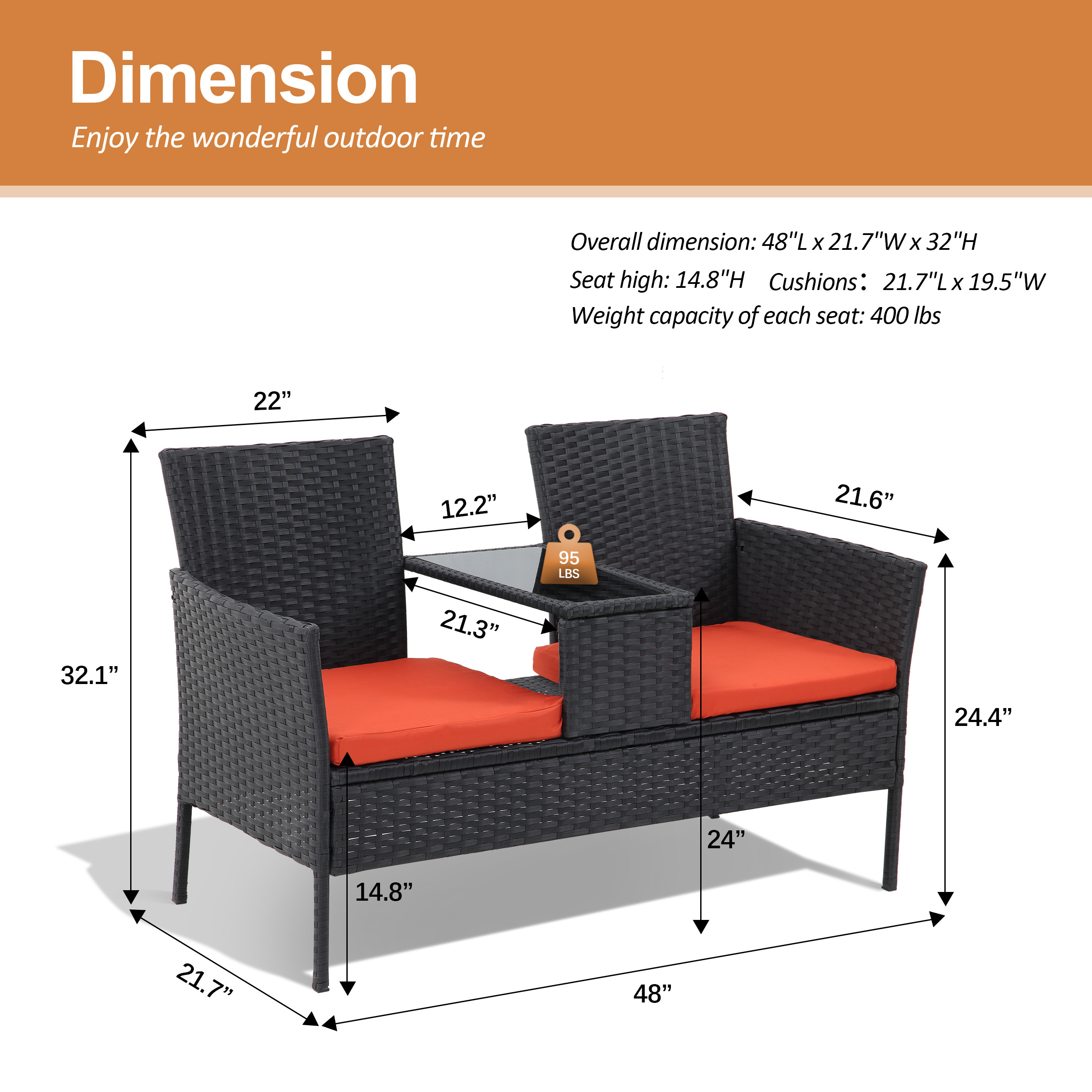 Wicker 2-Seat Patio Conversation Sets, Outdoor Rattan Loveseat with Table, Removable Cushion