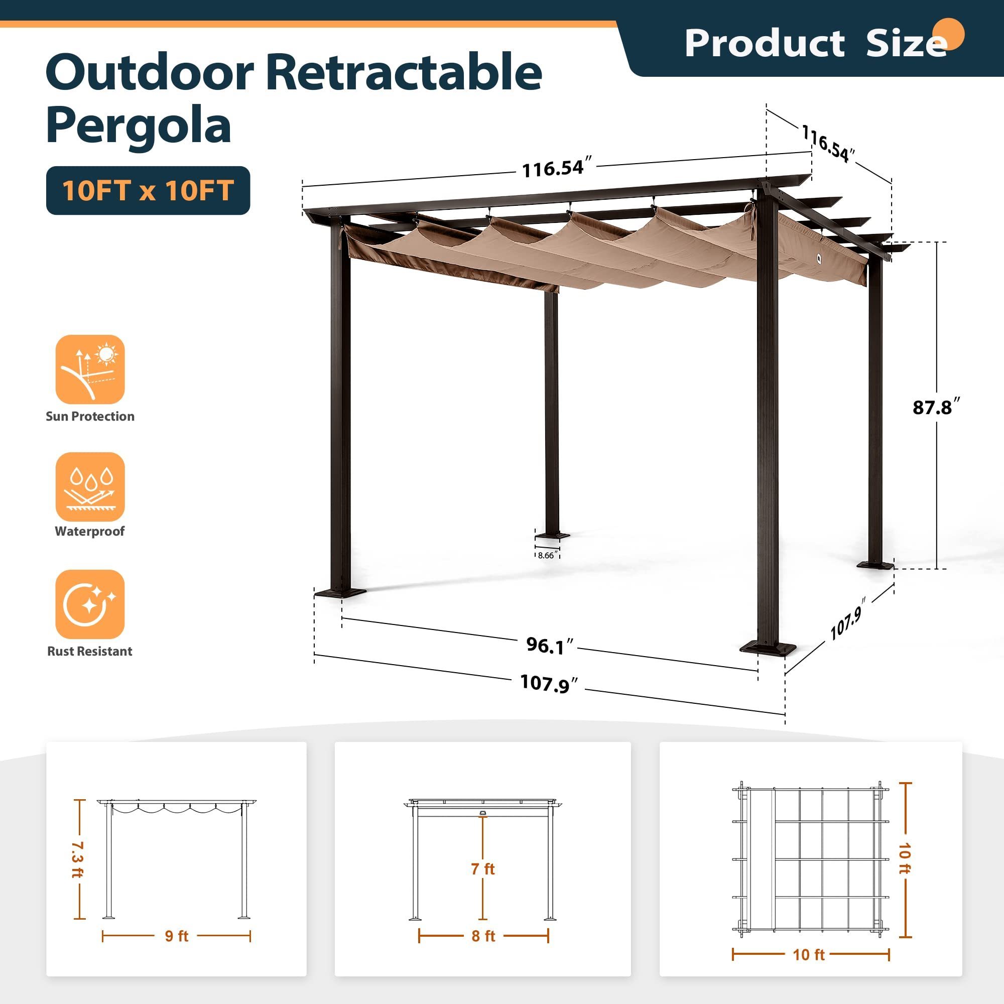 10' X 10' Outdoor Retractable Pergola with Sun Shade Canopy Patio Metal Shelter for Garden Porch Beach Pavilion Grill