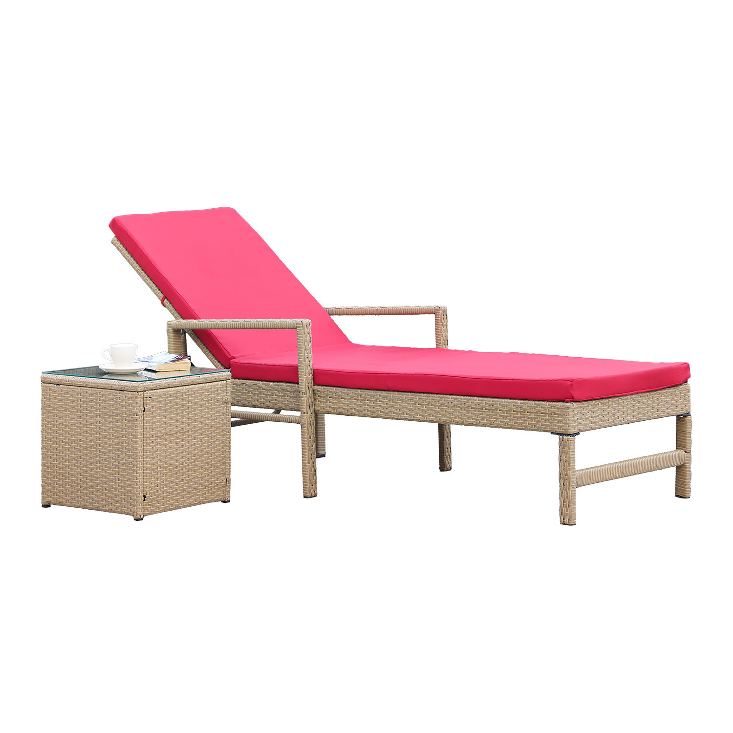 Modern Patio Sun Chaise Lounge Sets Outdoor Rattan Adjustable Back Cushioned Patio Folding Chaise Lounge