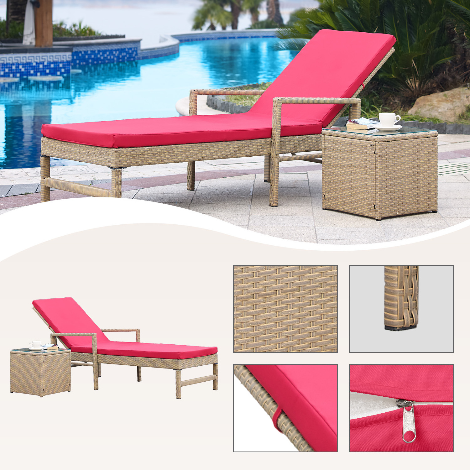 Modern Patio Sun Chaise Lounge Sets Outdoor Rattan Adjustable Back Cushioned Patio Folding Chaise Lounge