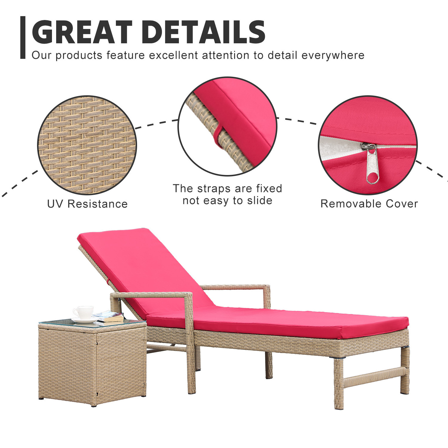 Modern Patio Sun Chaise Lounge Sets Outdoor Rattan Adjustable Back Cushioned Patio Folding Chaise Lounge