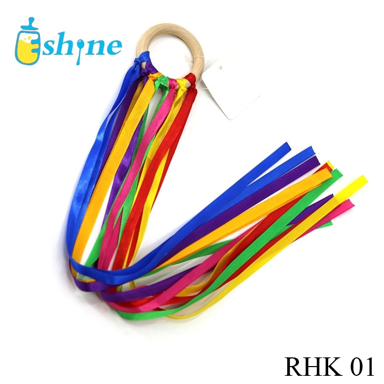 Ribbon Hand Kite Rainbow Color 60cm Streamer Wooden Toy Wands Dancing Ring  Wood Rainbow Ring for Gift Birthday  Wooden Ring toy