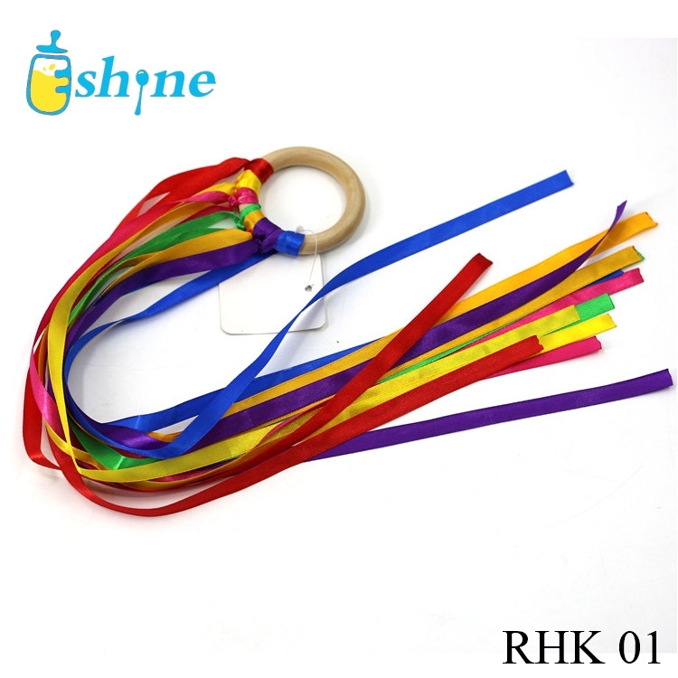 Ribbon Hand Kite Rainbow Color 60cm Streamer Wooden Toy Wands Dancing Ring  Wood Rainbow Ring for Gift Birthday  Wooden Ring toy