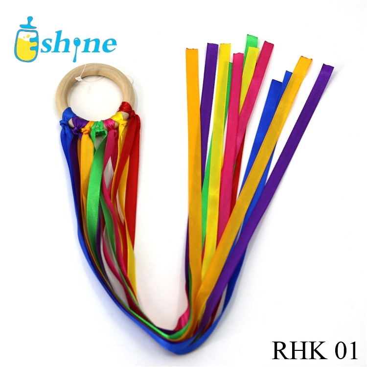 Ribbon Hand Kite Rainbow Color 60cm Streamer Wooden Toy Wands Dancing Ring  Wood Rainbow Ring for Gift Birthday  Wooden Ring toy