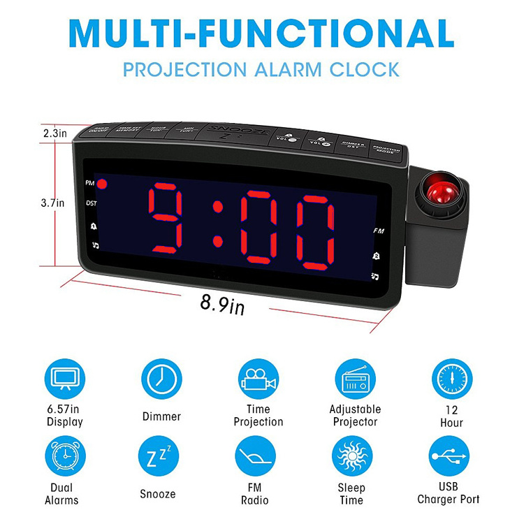 NEW products mini portable digital multi-functions fm radio alarm clock with projection for Bedroom, Kitchen, Hotel, Table, Desk