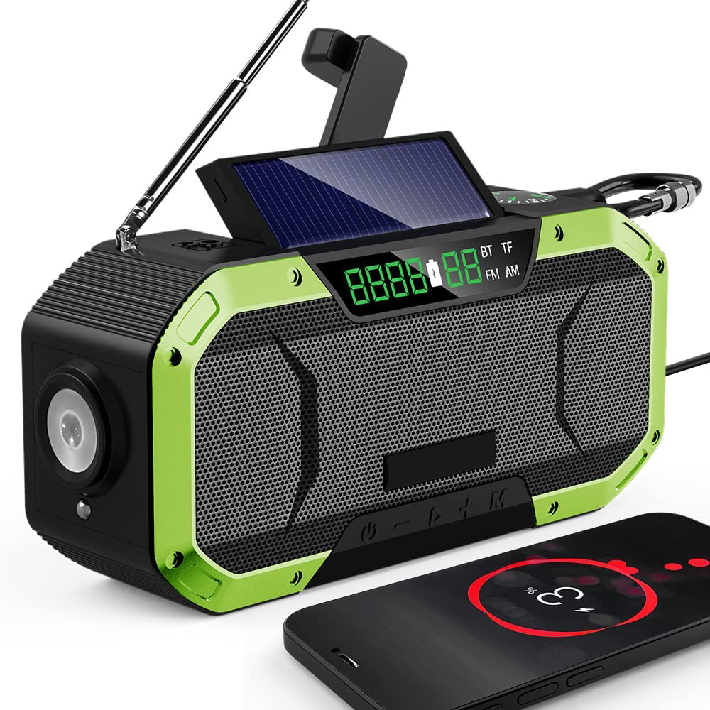 Waterproof & Dustproof Digital Solar Dynamo Hand Crank AM/FM Emergency Radio with Flashlight, SOS Alert Wireless HiFi BT Speaker