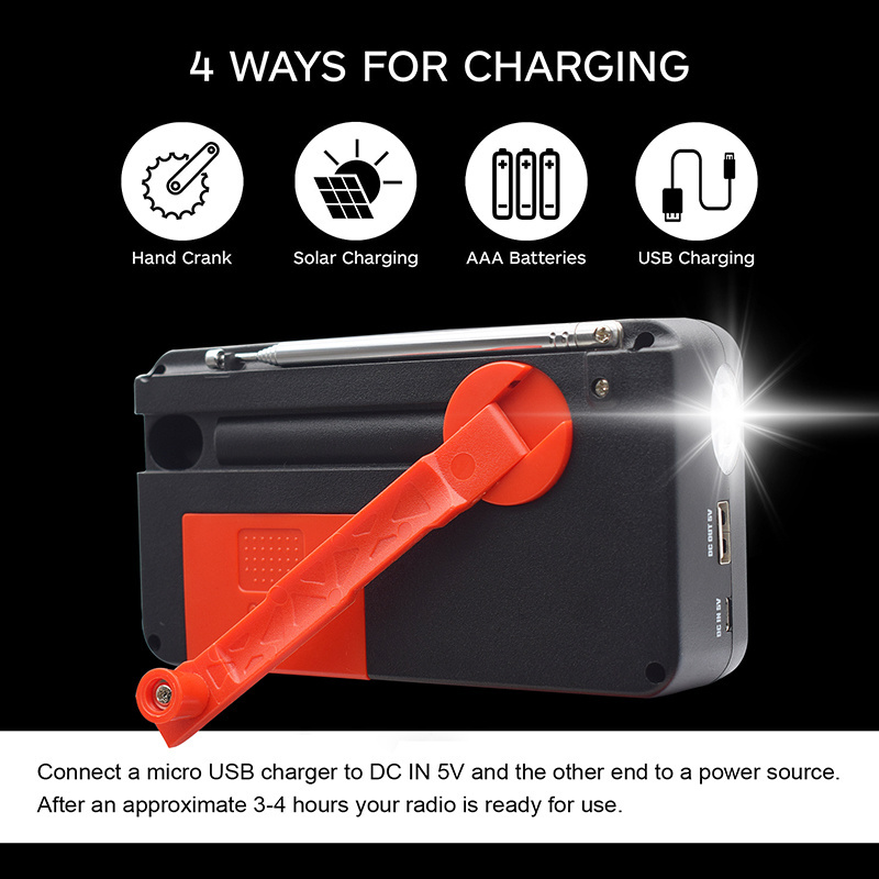 Solar Battery  Operated Emergency Hand Crank Portable Weather Radio Power Bank USB Charger for Phone with LED Flashlight