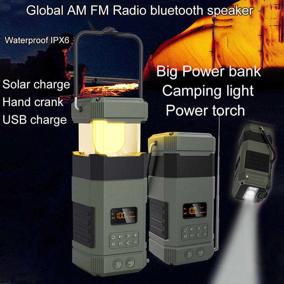 Emergency Radio Waterproof Speaker Portable AM/FM  Hand Crank Radio with Torch LED Reading Lamp Solar Panel Outdoor Radio