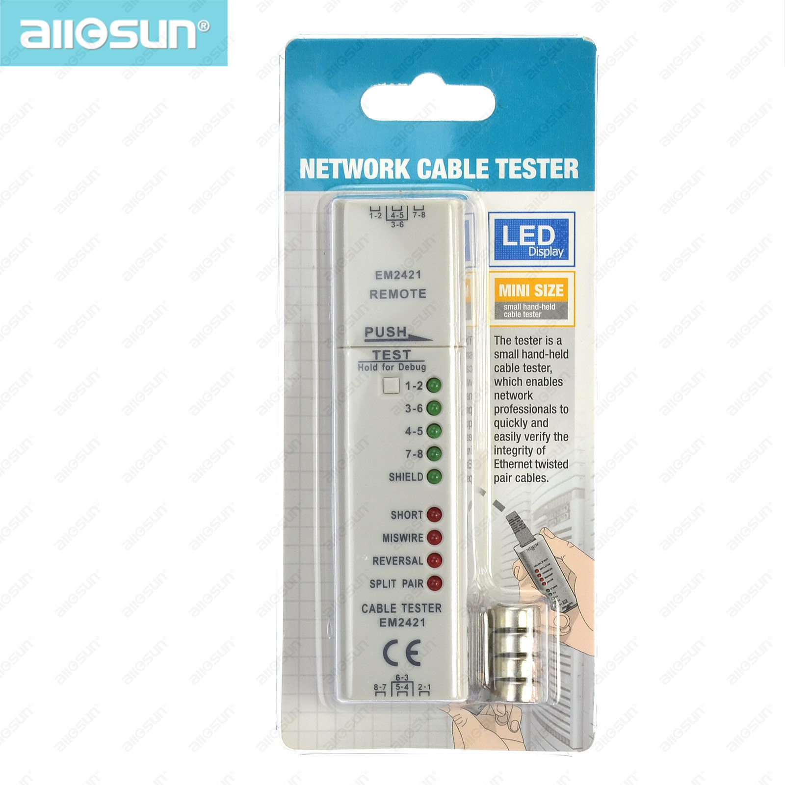 Allosun EM2421 Network Cable Tester RJ45 Diagnose Tool UTP and STP Lan Cable Tester Mini Size Portable