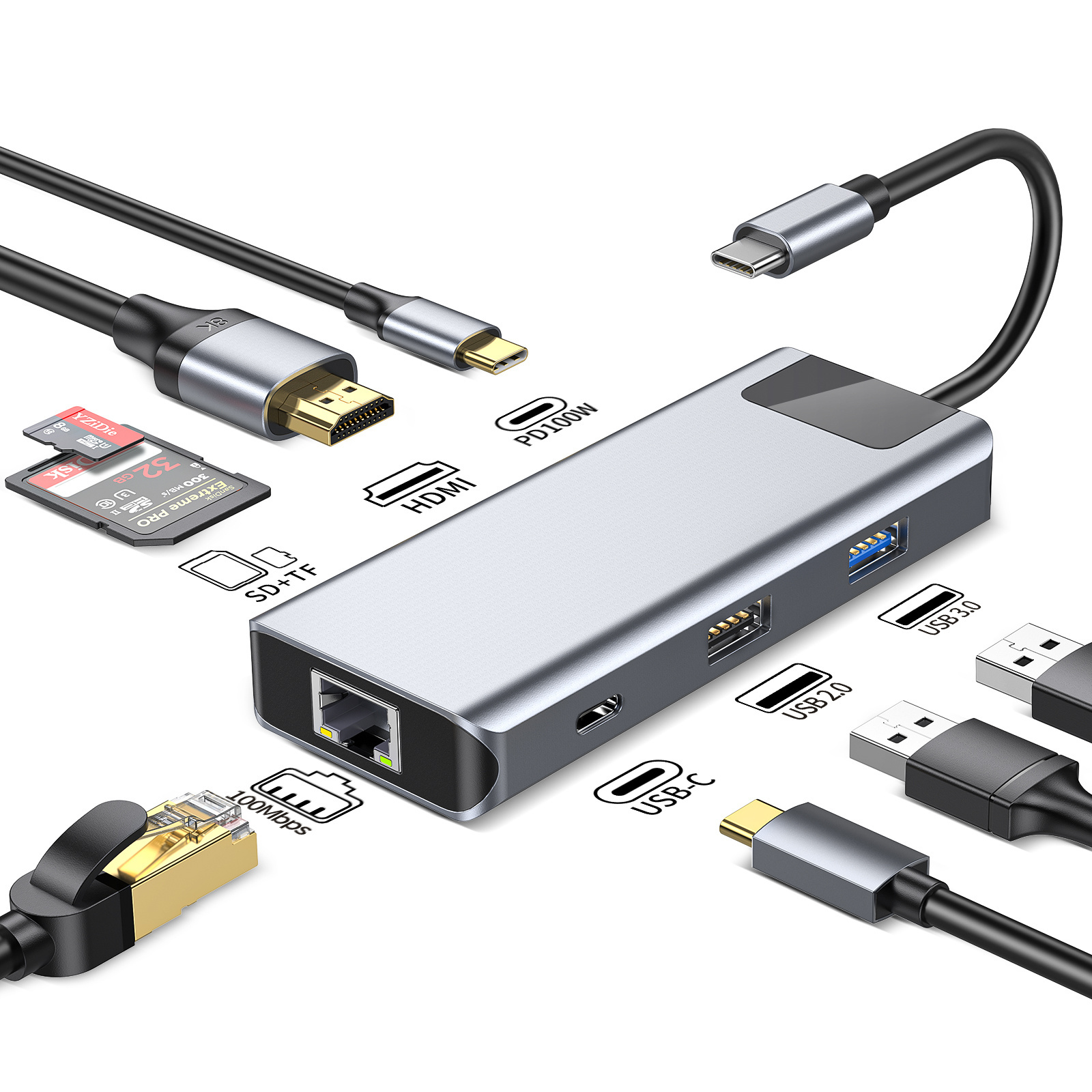 Jasoz 8 in 1 USB C Hub with HDMI 4K Usb 3.0/2.0 Pd 100W RJ45 100Mbps Sd/TF Type c 4 5 6 7 8 9 10 11 in 1 Multiport Dock Station