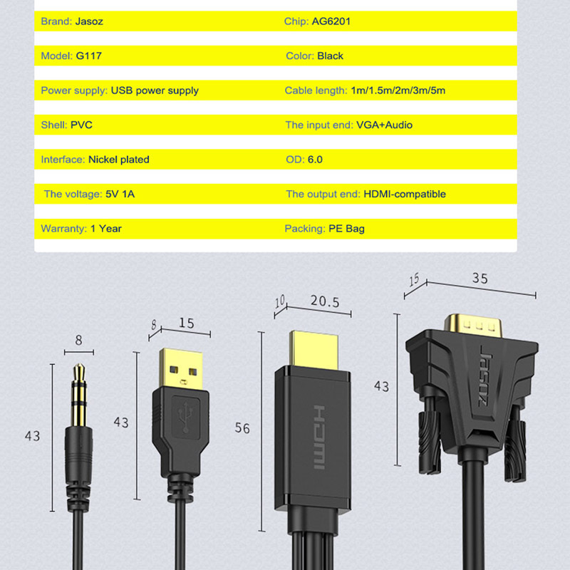 Jasoz 1m1.5m 2m 3m 5m HDMI to VGA Audio Video Converter HDMI Male to VGA Male Cable With 3.5mm Audio Cable Usb a supply line