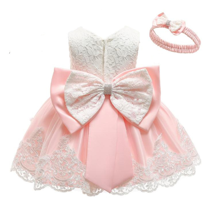 White Blush Pink Ivory Baby Girl Birthday Party Baptism Gown Dress