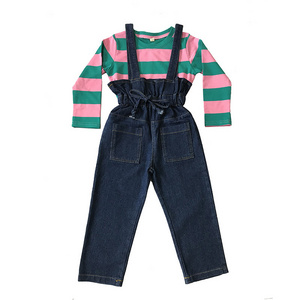 Cute Girls' Spring Autumn Wear Two Pieces Kids Suit Of Striped Long-Sleeved T-Shirt Suspender Trousers