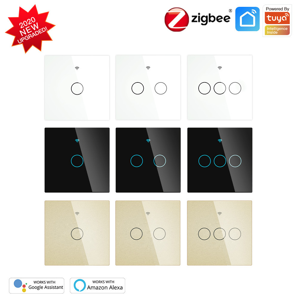 ZigBee Wall Touch Smart Light Switch No Neutral Wire No Capacitor Tuya EU UK Standard 1/2/3/4 gang Support Google Home Alexa