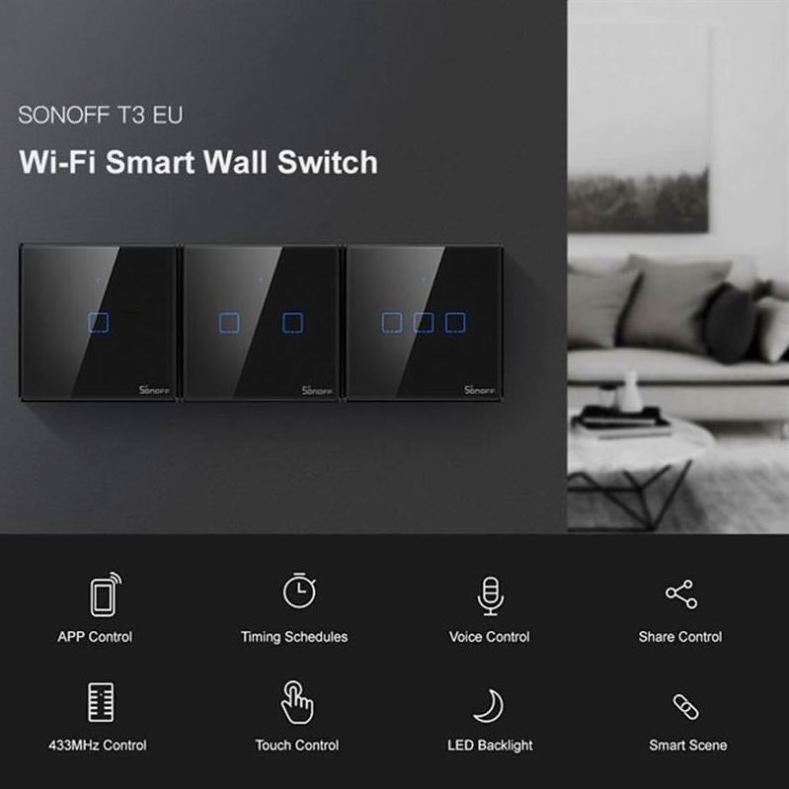 Sonoff T3 EU Black Work with  Alexa and Google Home Wireless Remote Control Smart WiFi 2C/way Led Dimmer Light Wall Switch