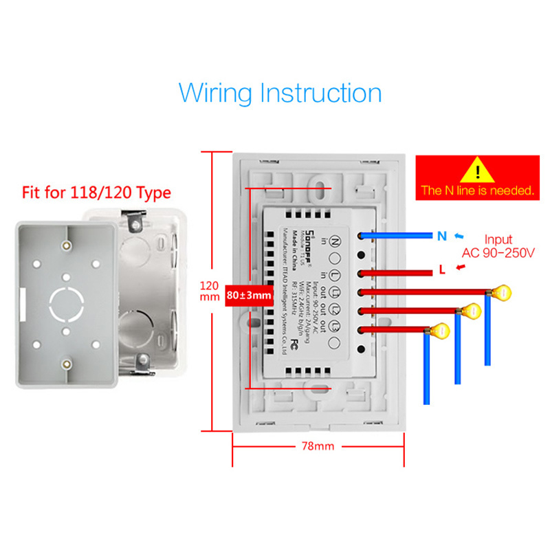 Sonoff T1 3gang US WiFi RF Smart Wall Touch Light Switch 600W/gang 2A/250V/Gang Switch Works With Alexa for home automation