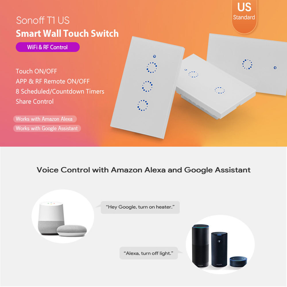 Sonoff T1 3gang US WiFi RF Smart Wall Touch Light Switch 600W/gang 2A/250V/Gang Switch Works With Alexa for home automation