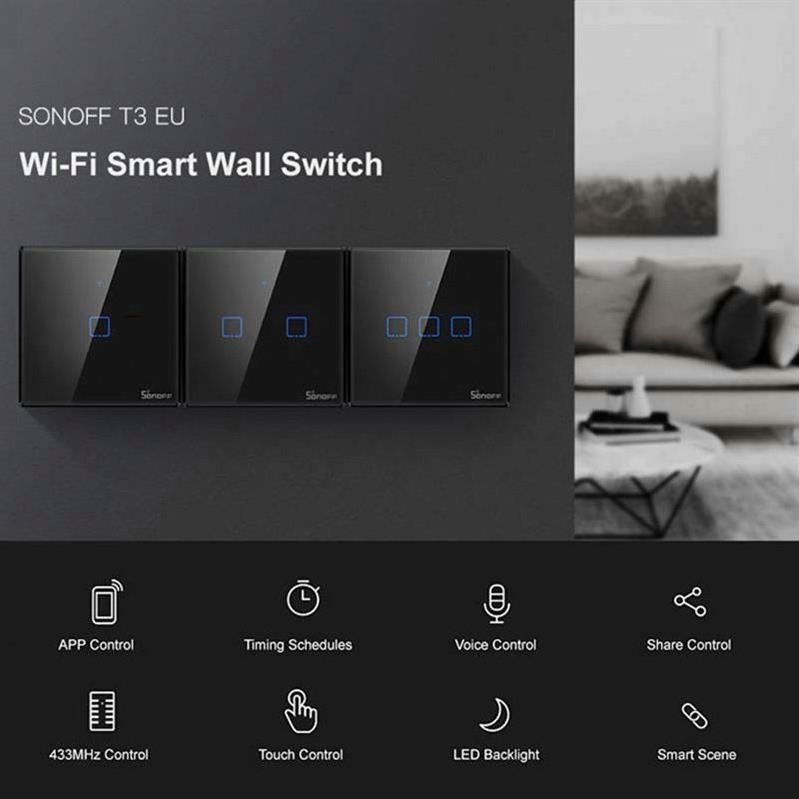 SONOFF T3 EU 3GANG EU Black WIFI RF 433Mhz 3 Gang Touch Light Smart Home Switch WiFi Wall Switch