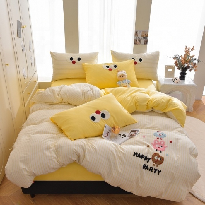 New Arrival Funny Cartoon Colorful Bedding Sets King Queen Size Cute Bear Panda Embroidery Wash Cotton Beddings Duvet Cover Sets