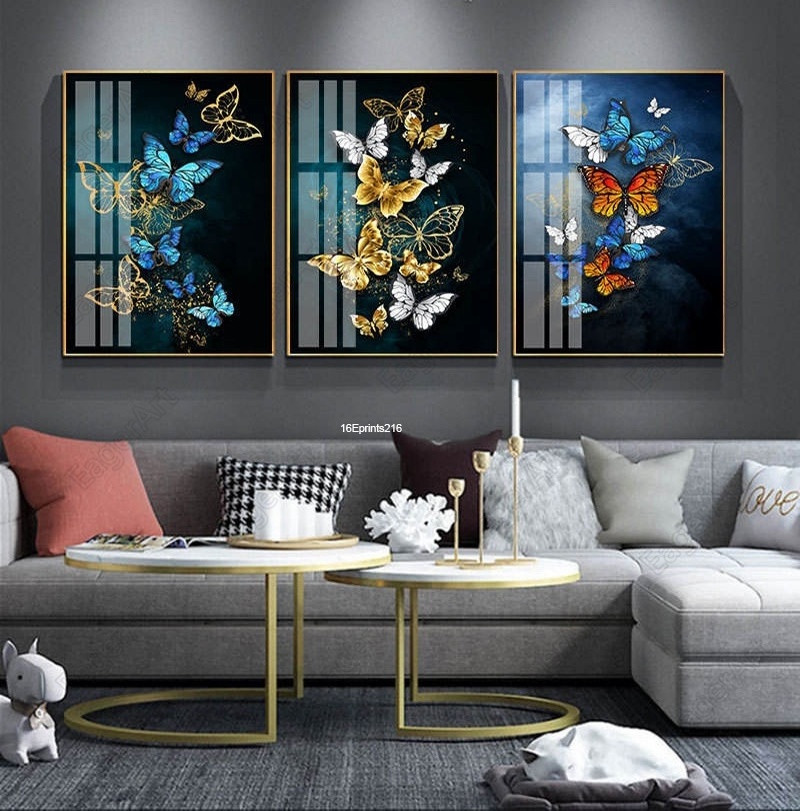 Modern Gold Blue Butterfly Leaves acrylic glass UV Printing Metal Framed Resin Paintings Animal Wall Art For Home Decoration