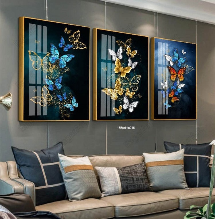 Modern Gold Blue Butterfly Leaves acrylic glass UV Printing Metal Framed Resin Paintings Animal Wall Art For Home Decoration