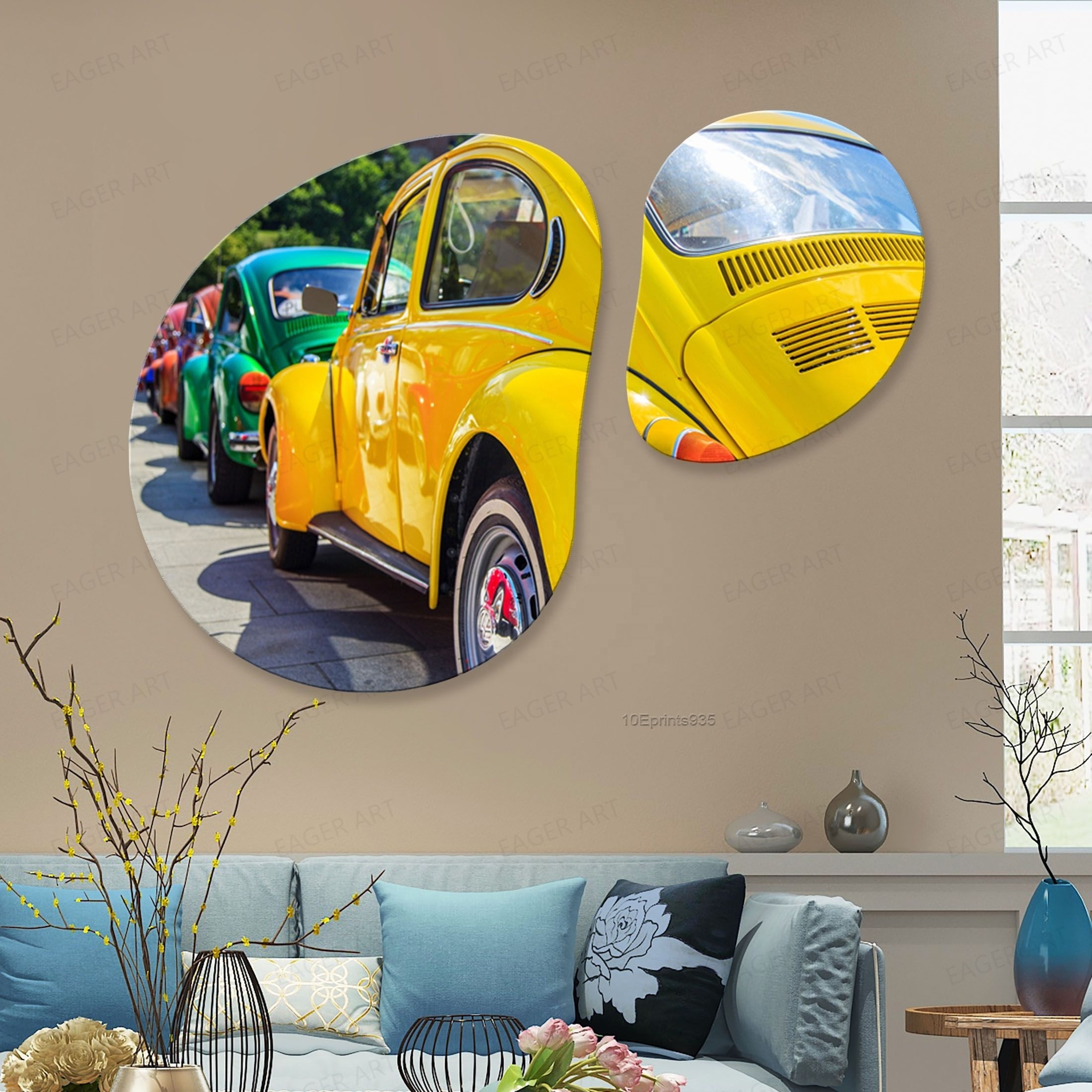 Fashion Graffiti Yellow Car Painting Pop Art Street PVC Prints Unique shape Water droplet 2pcs Paintings Wall Art For Home Decor