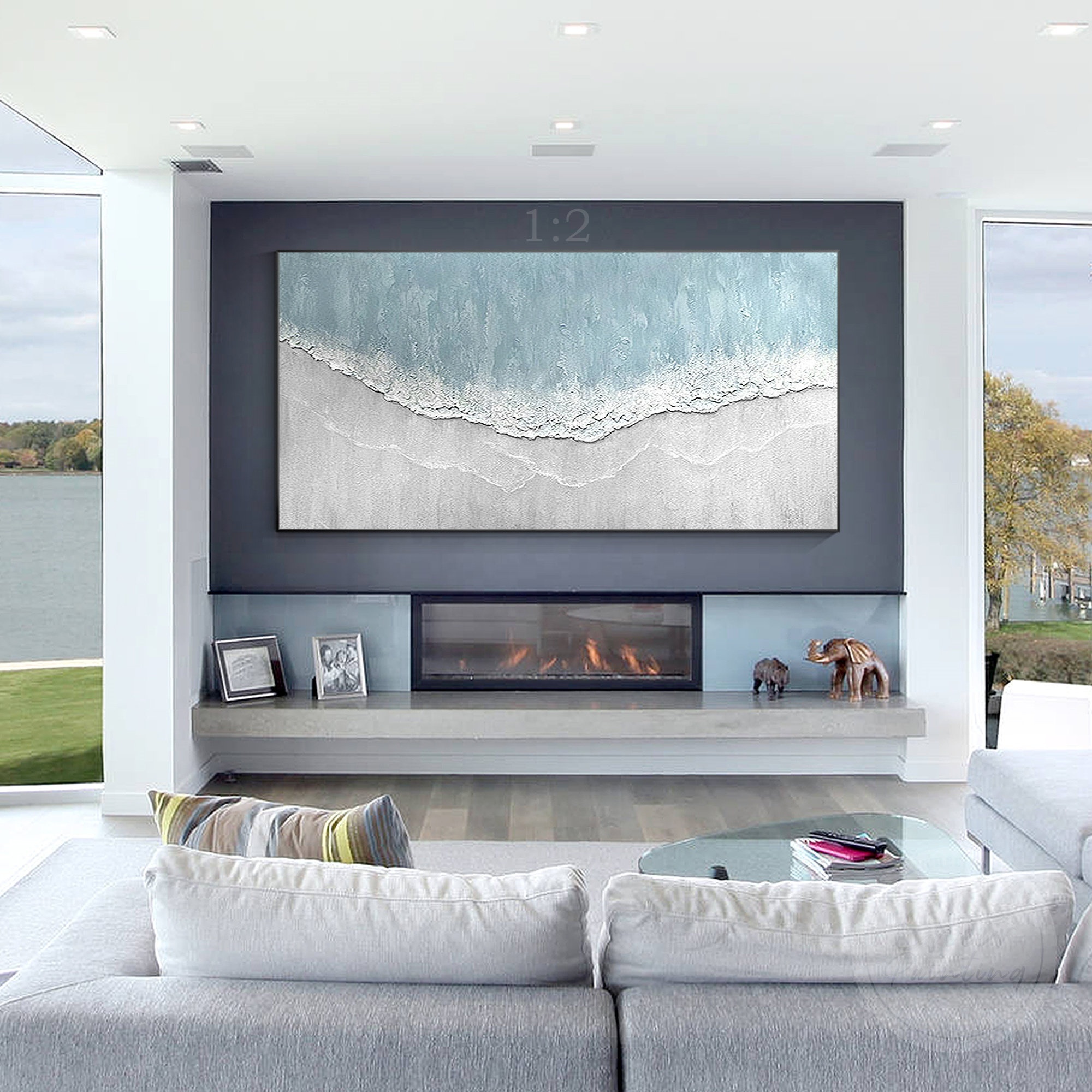 Handmade Abstract White blue waves paintings on Canvas Thick Texture 3D Relief Wall Art Decoration