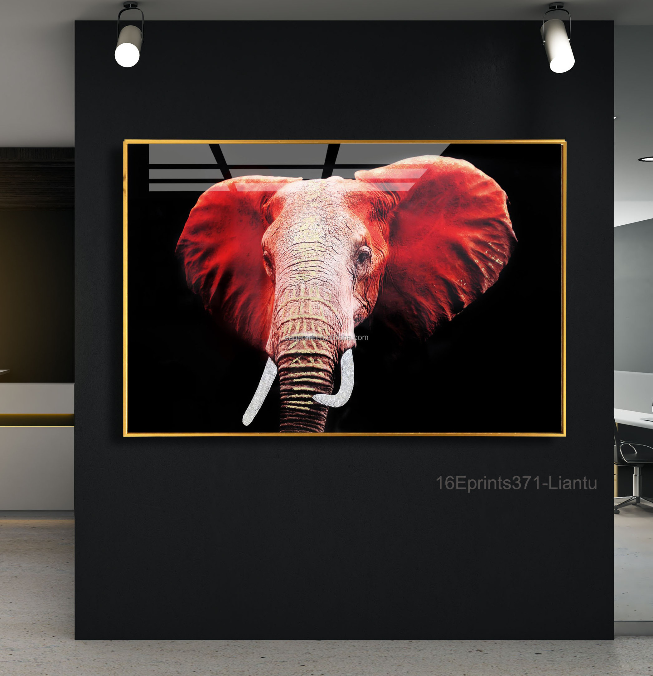 Wholesale Metal Framed Glass Crystal Porcelain Paintings african Elephant Custom Wall Art Animal Printed Painting