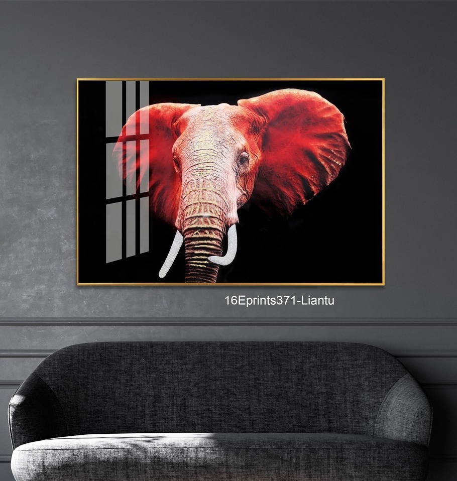 Wholesale Metal Framed Glass Crystal Porcelain Paintings african Elephant Custom Wall Art Animal Printed Painting