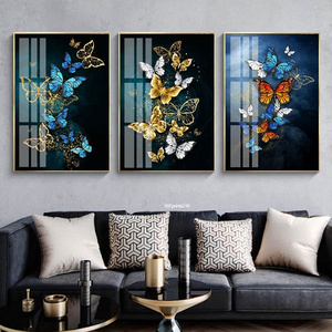 Modern Gold Blue Butterfly Leaves acrylic glass UV Printing Metal Framed Resin Paintings Animal Wall Art For Home Decoration