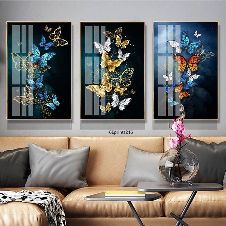 Modern Gold Blue Butterfly Leaves acrylic glass UV Printing Metal Framed Resin Paintings Animal Wall Art For Home Decoration