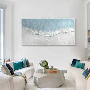 Handmade Abstract White blue waves paintings on Canvas Thick Texture 3D Relief Wall Art Decoration