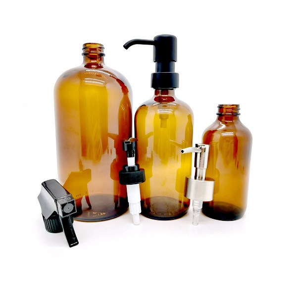 2 Pack Amber Glass Pint Jar Soap Dispenser with Matte Black Stainless Steel Pump, 16 ounce Boston Round Bottles Dispenser