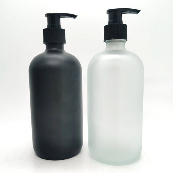 2 Pack Amber Glass Pint Jar Soap Dispenser with Matte Black Stainless Steel Pump, 16 ounce Boston Round Bottles Dispenser