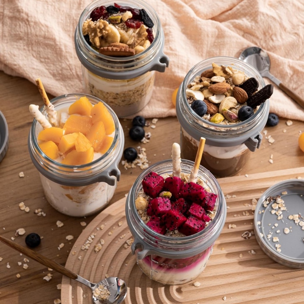 Overnight Oatmeal Glass Cups With Spoons Airtight Oatmeal With Measurement