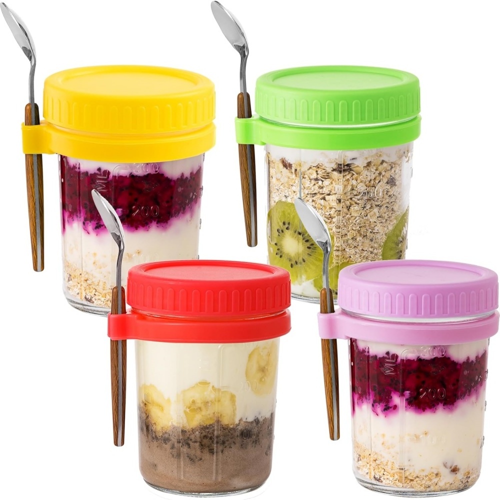 Overnight Oatmeal Glass Cups With Spoons Airtight Oatmeal With Measurement