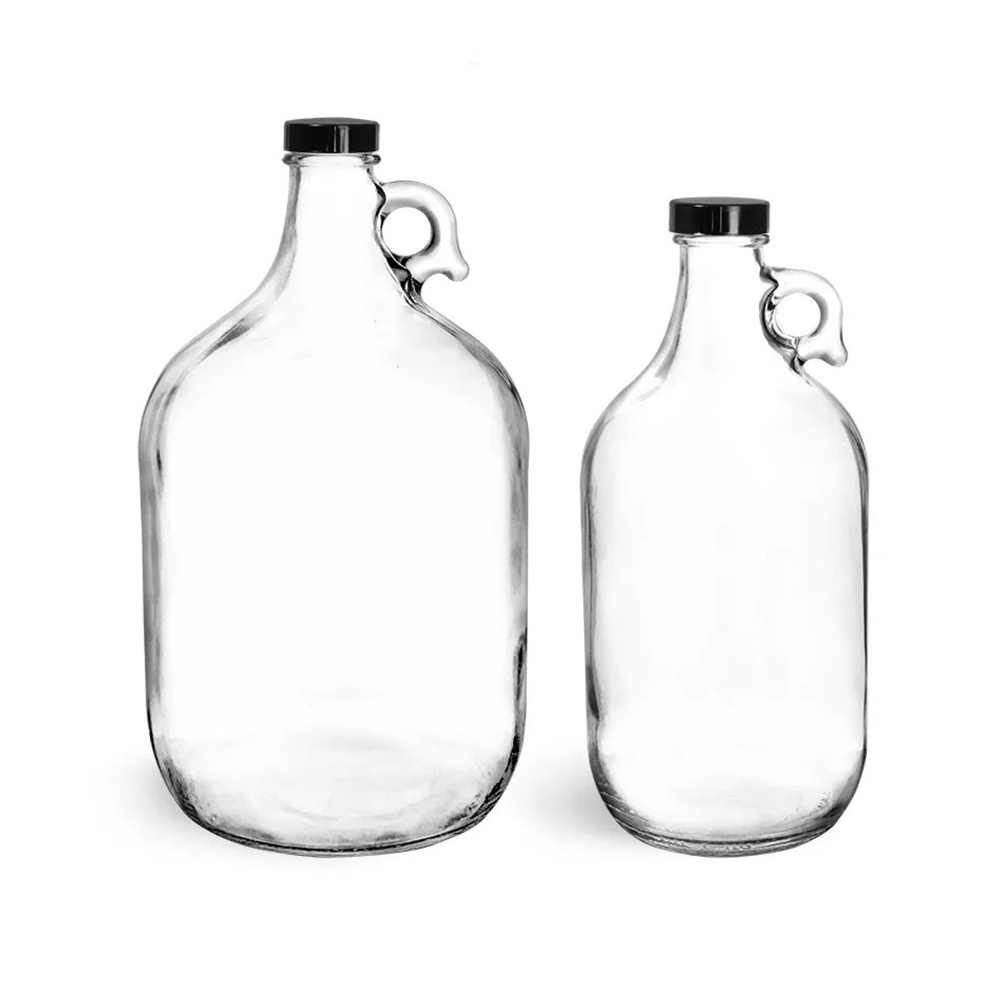 Glass liquor bottles 1/2 Gallon 64 oz 1 Gallon (128 oz) Clear Glass Jug with Black Plastic Cap / metal cap