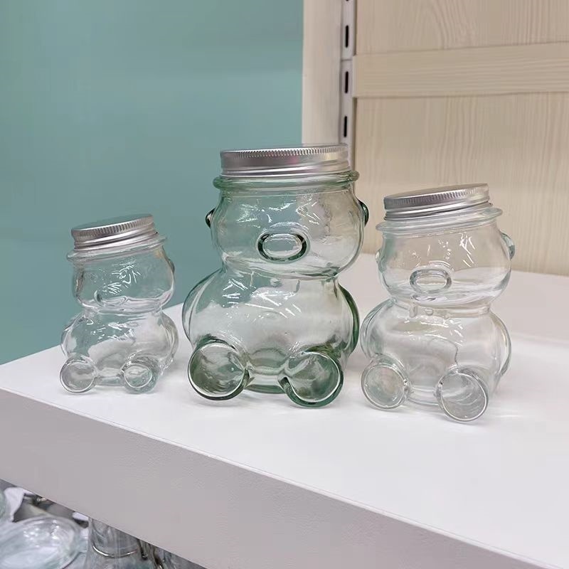 Recyclable Wholesale Teddy Bear Glass Jars Food Storage Candy Container Jar with Screw Lid for jam jelly wedding favors Bottle