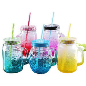 Empty 16oz Colorful Pineapple Shape Glass Mason Jar with Handle and Metal lids for Fruit Juice or Cold Drink